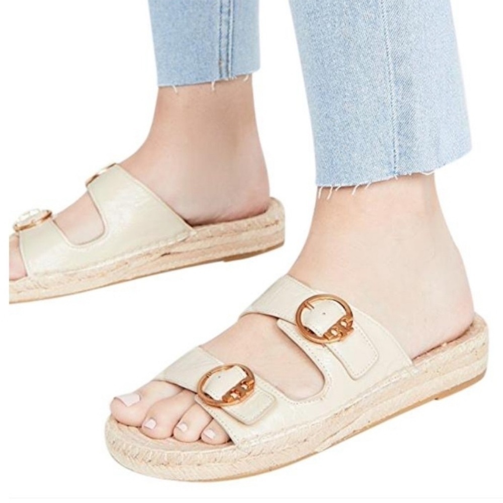 Tory Burch Selby Two Band Espadrille Leather Sandal Oat Milk Sz 9.5